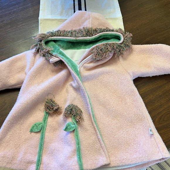 SWeeT + FuN CORKY & CO Pink Fringed Hood Jacket Flower Accents Warm SWiNG COAT 3 - Picture 1 of 11